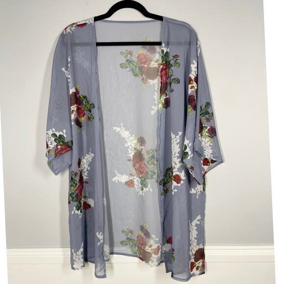 Sheer Kimono, Size Large, Steel Blue Rose Print, Lightweight Layer, Oversized - Picture 1 of 4